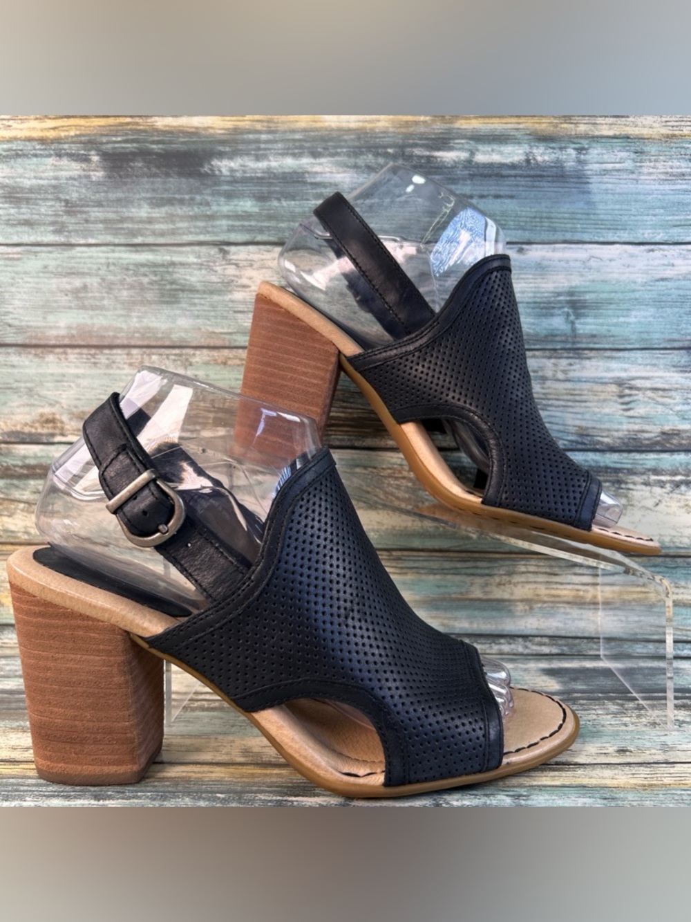 Born Slingback Sandal Womens 8M Black Leather Dress Comfort Chunky Heel Open Toe
